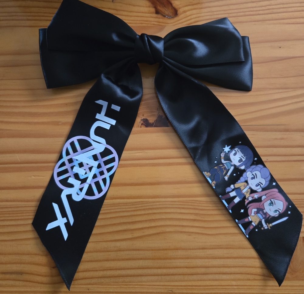 Kpop Inspired Graphic Print Black Satin Hair Bow